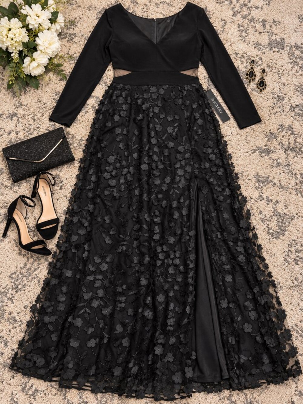 XSCAPE Plus Black 3D Floral Long Sleeve Formal Gown 22W NWT